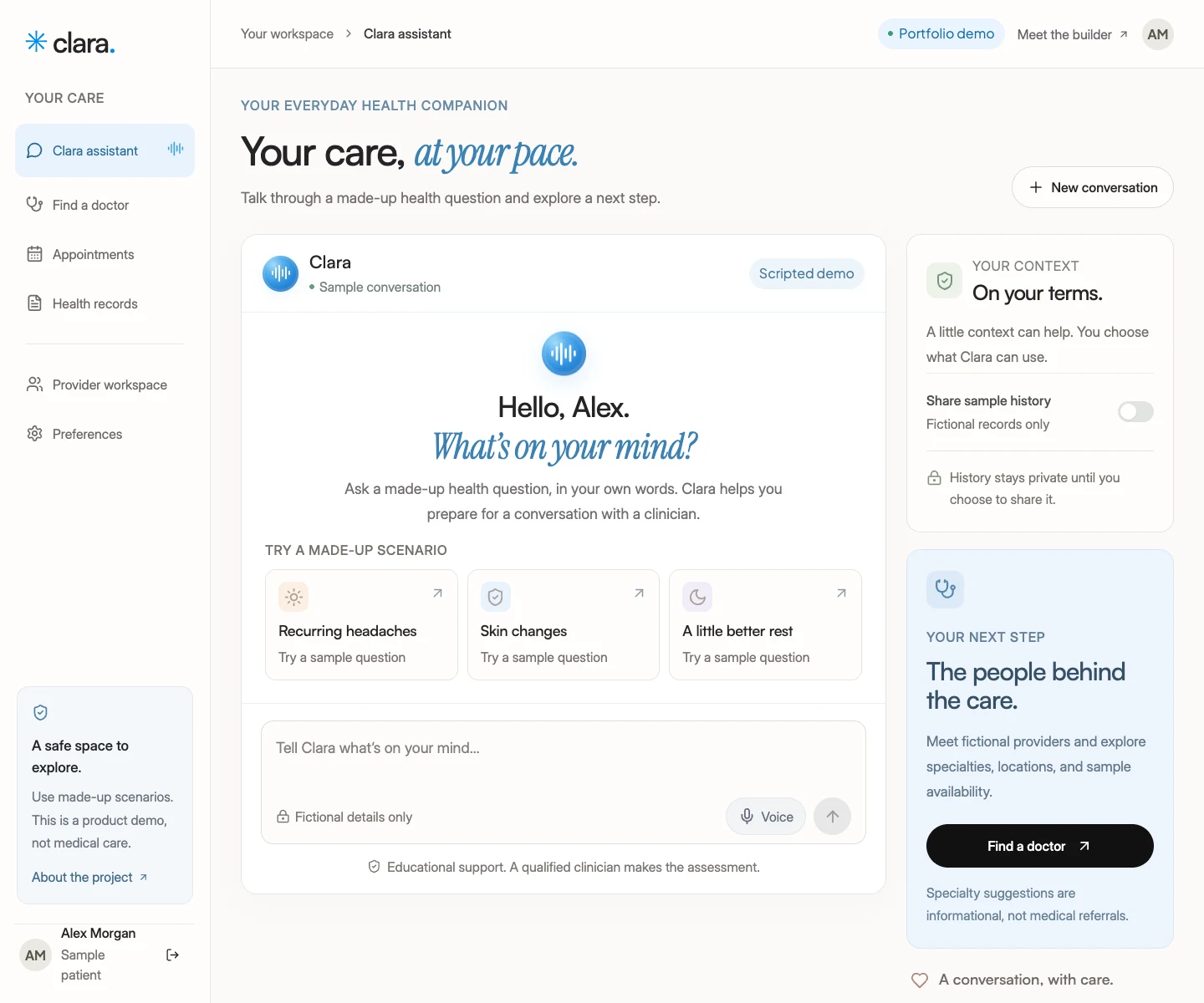 Clara’s redesigned assistant with a blue voice orb, readable sample prompts, text and voice controls, optional history sharing, and provider discovery.
