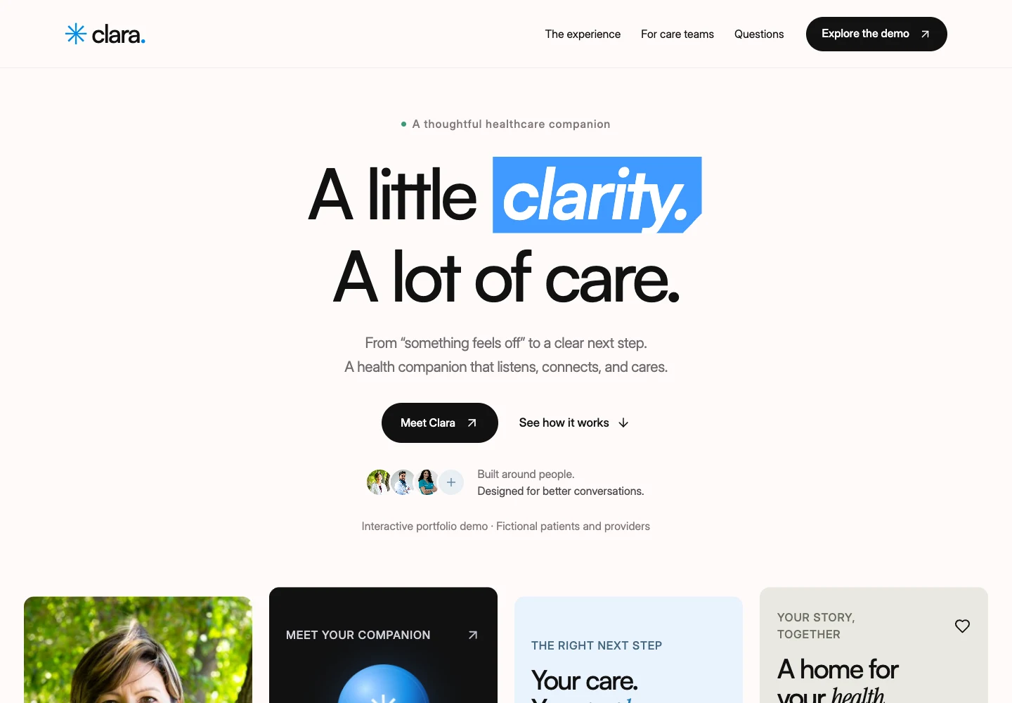 Clara homepage with a blue clarity highlight, voice companion preview, doctor booking preview, and sample health records.