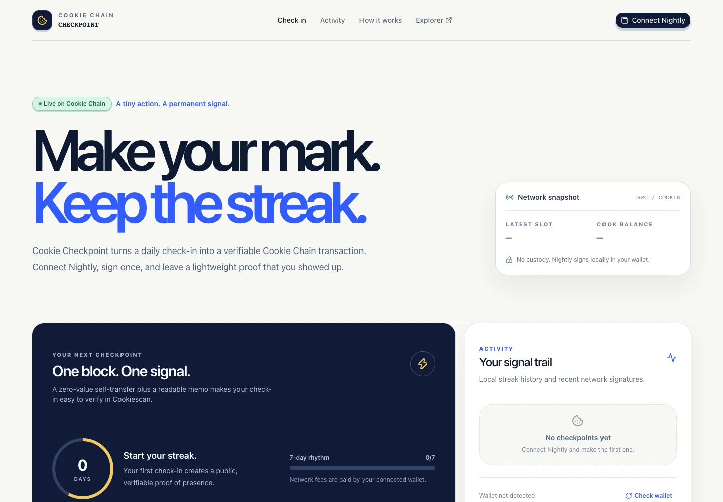 Cookie Checkpoint daily check-in interface