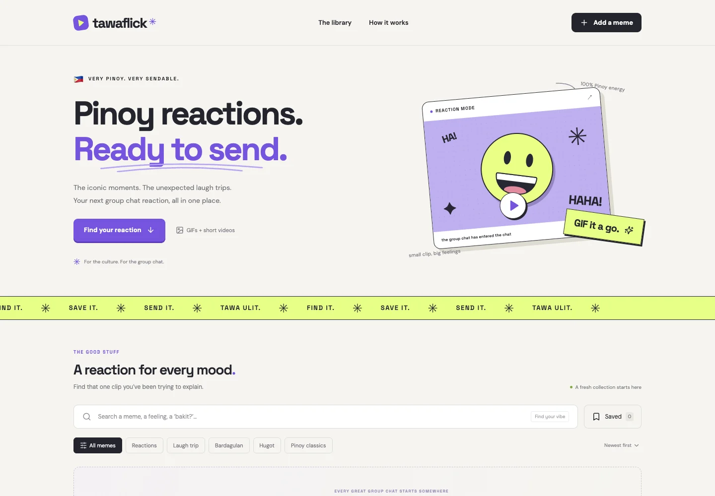 Tawaflick’s live homepage with search, mood filters, and the first-upload prompt.